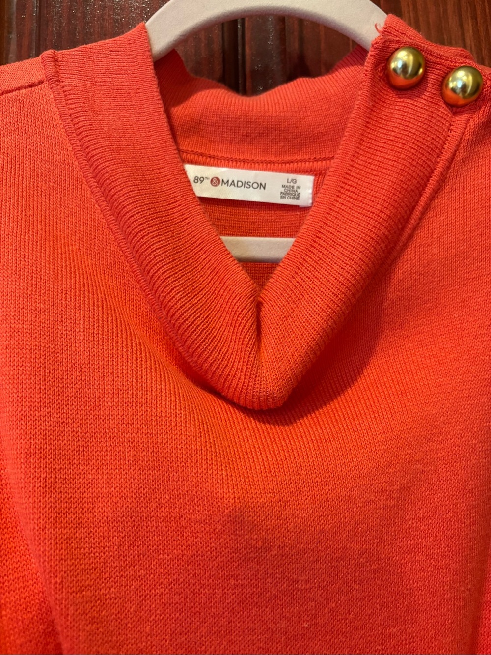 89th & Madison Bright Orange Cowl Sweater with Gold Buttons